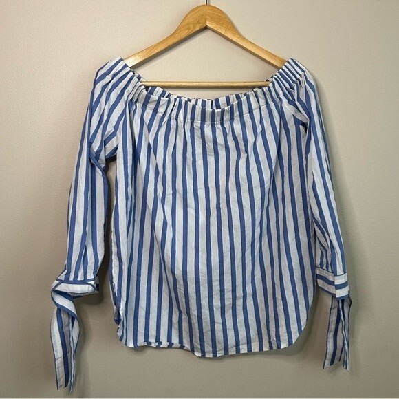 Mango Blue and White Stripe Off the Shoulder Long Sleeve Shirt Size 8 - Picture 1 of 3